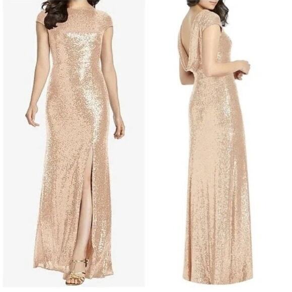 DESSY COLLECTION Rose Gold Sequin Cowl Back Cap Sleeve Gown with Slit 3043 Sz 2 - Picture 1 of 13